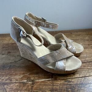 TOMS Strappy‎ Canvas Cork Wedge Heel Cuff Platform Sandals Crisscross